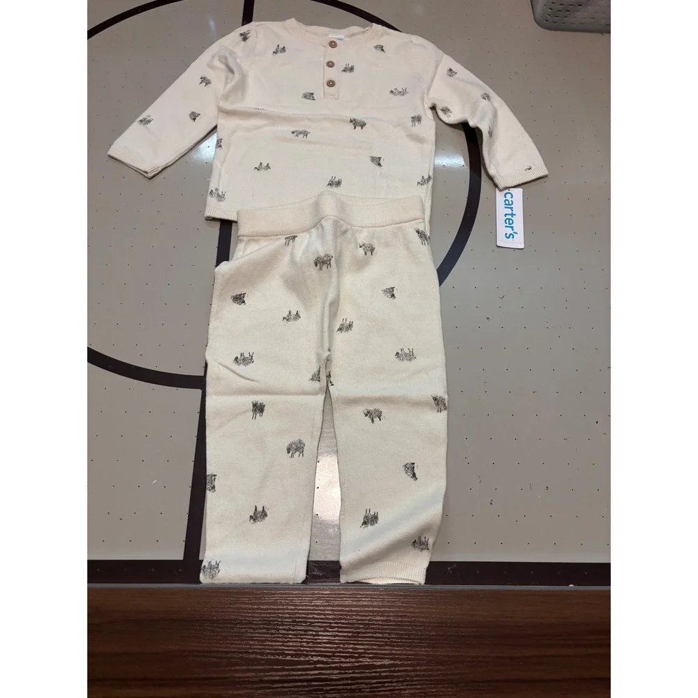 126 Carters Baby 18M Ivory Sheep Print Knit Sweater and Pants 2pc Set  NEW